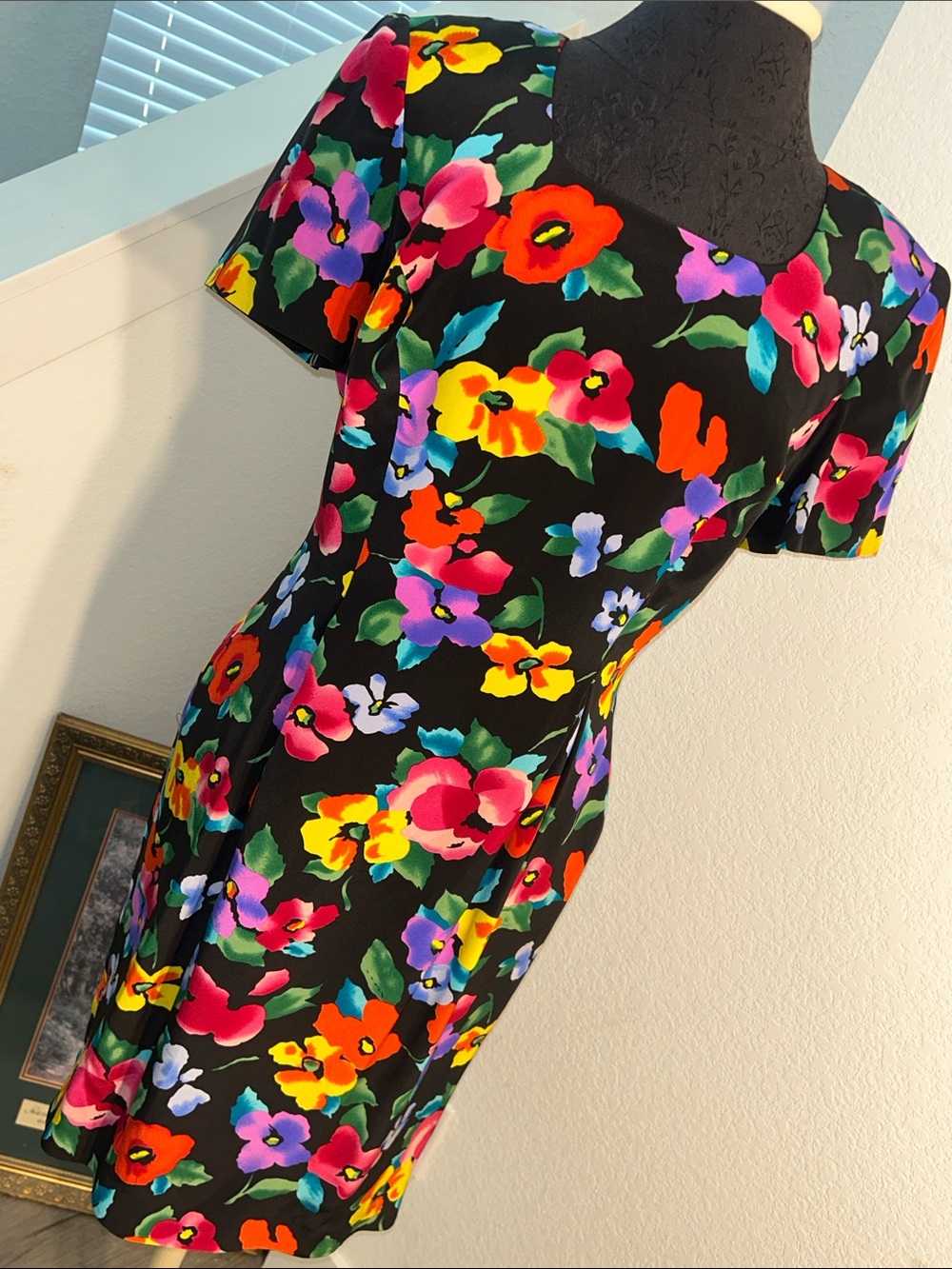 Maggy London Black Midi Dress with Bold Multicolor Floral Print